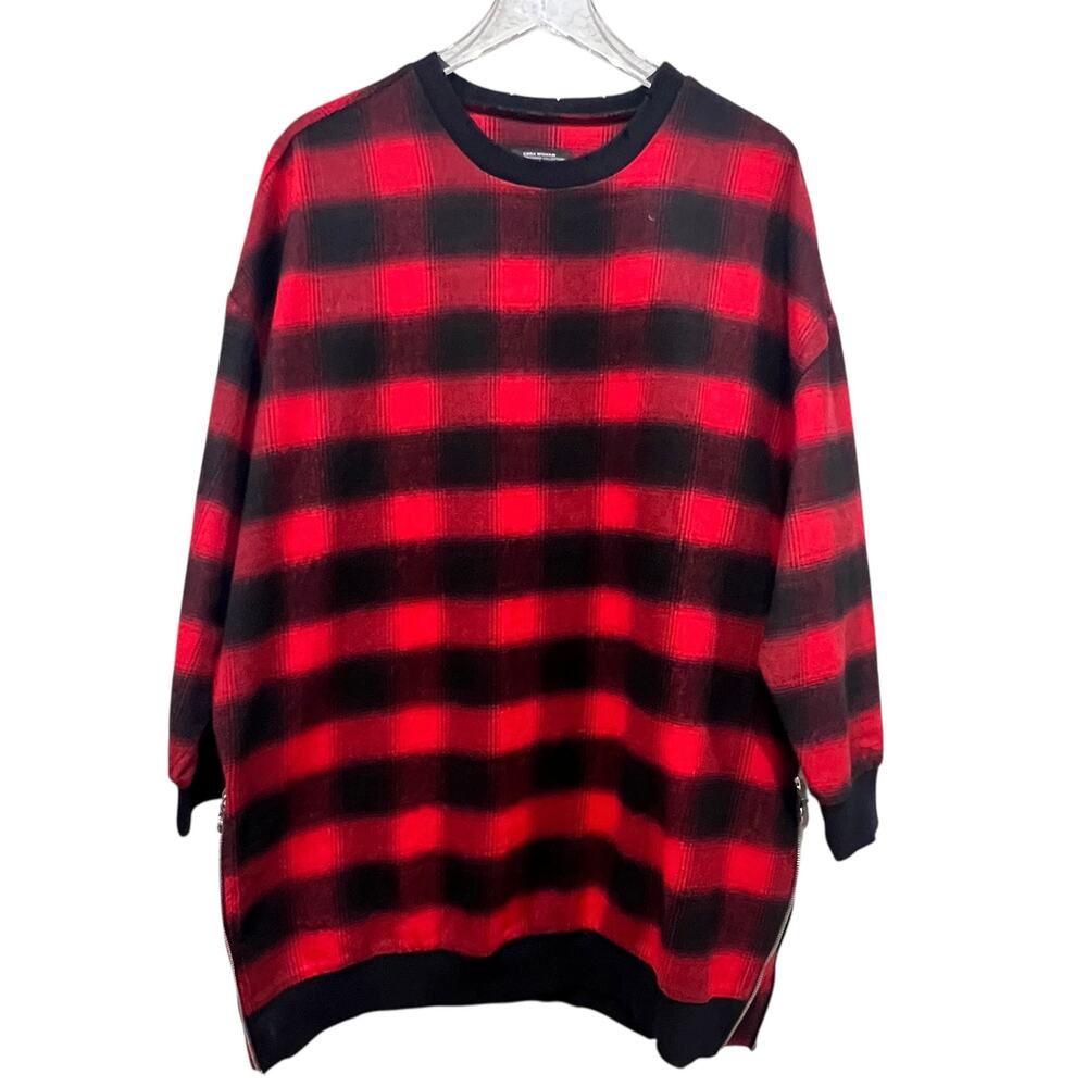Zara Women Red Black Buffalo Check Sweatshirt Dress Tunic Zip Slits Size M